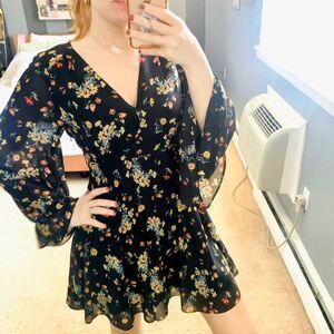 Free People Lilou Floral Mini Dress Black Combo Boho Flare, Bell Sleeve